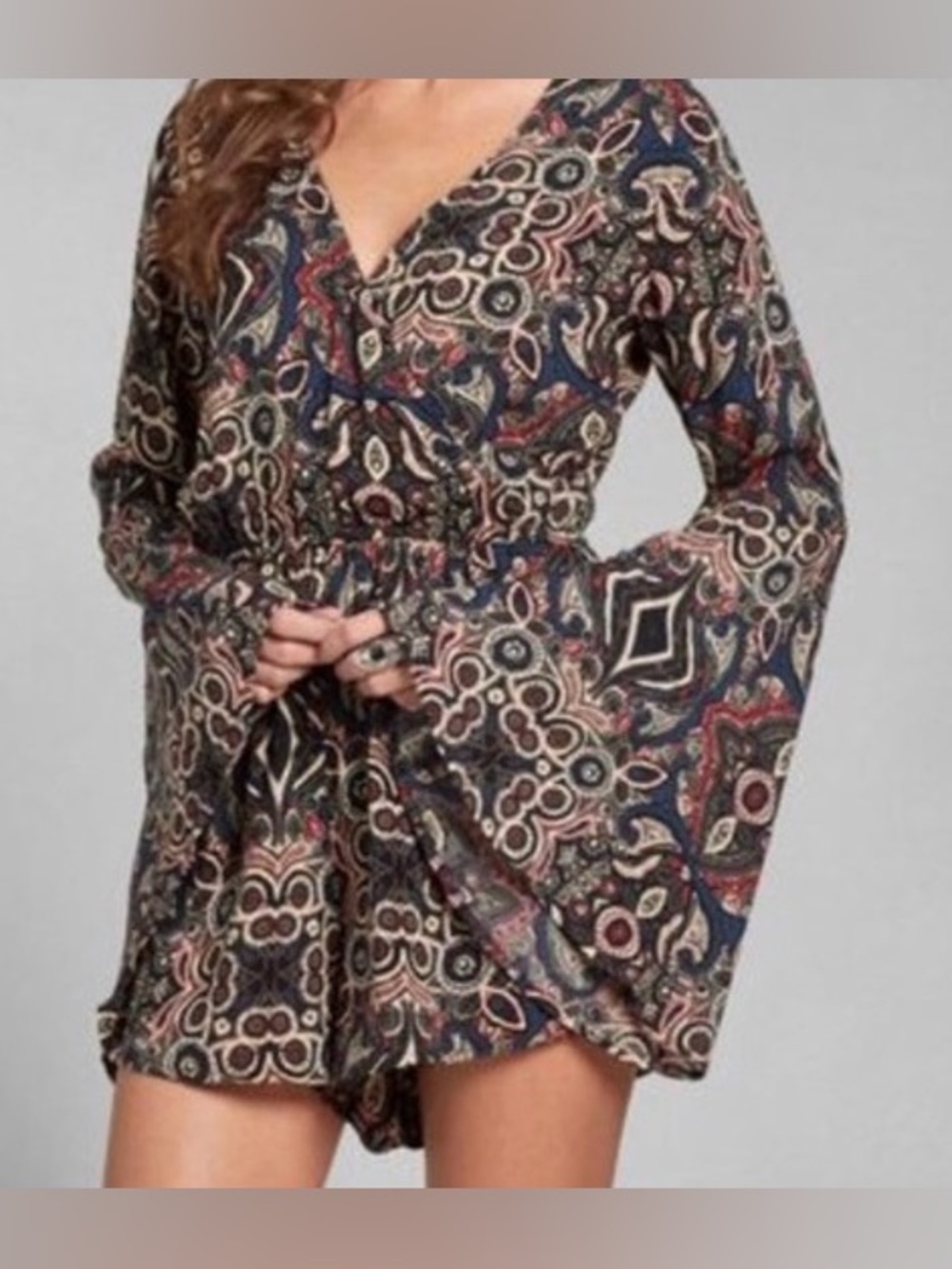 Whimsy Boho Romper Fairycore Oversized BellSleeve Festival Summer Paisley Mosaic
